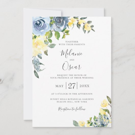 Stoffig Blauw & Geel Botanisch Bloemen Bruiloft Kaart (Voorkant)