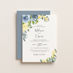 Stoffig Blauw & Geel Botanisch Bloemen Bruiloft Kaart