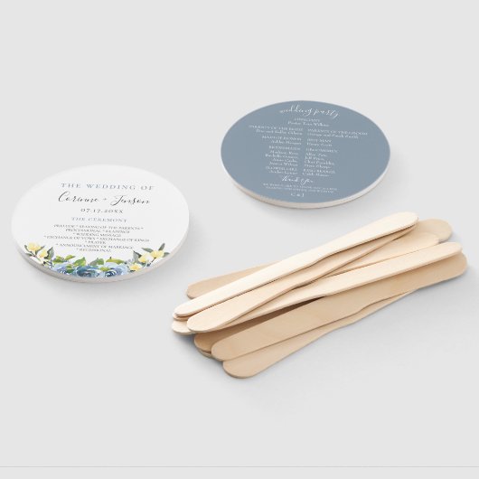 Stoffig Blauw Geel Botanisch Bruiloft Programma Handwaaier (Niet-gemonteerd)