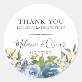 Stoffig Blauw Geel Botanisch Huwelijksgunst Ronde Sticker