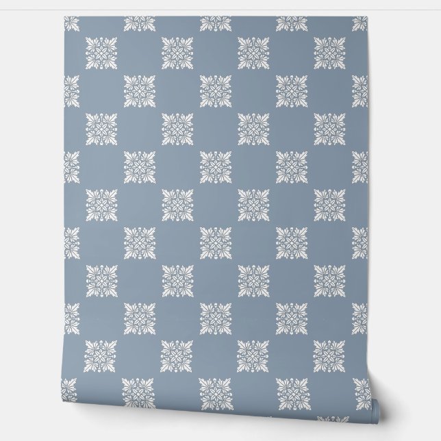 Stoffig Blauw Geometrisch Bloemschil en Stok Behang (Afrollen)