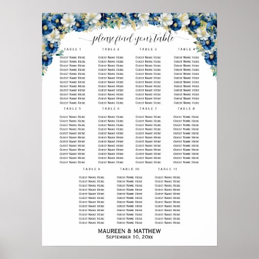 Stoffig Blauw Goud Bloemen 11 Tafels Trouwstoelen Poster (Voorkant)