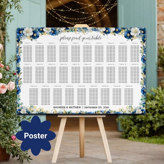 Stoffig Blauw Goud Bloemen 29 Tafels Trouwstoelen Poster