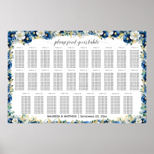 Stoffig Blauw Goud Bloemen 29 Tafels Trouwstoelen Poster (Voorkant)