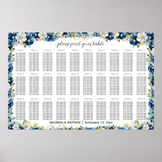 Stoffig Blauw Goud Bloemen 30 Tafels Trouwstoelen Poster (Voorkant)