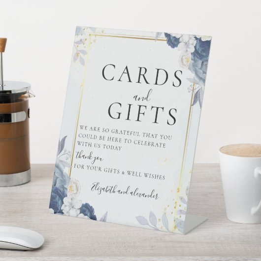 Stoffig Blauw Goud Bloemen bruiloft Kaarten & Gesc Reclamebord Met Voetstuk (Insitu)