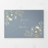 Stoffig Blauw Goud Bloemen Fotobruiloft Drieluik Uitnodiging (Cover)