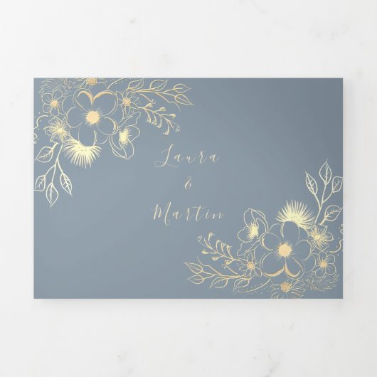 Stoffig Blauw Goud Bloemen Fotobruiloft Drieluik Uitnodiging (Cover)