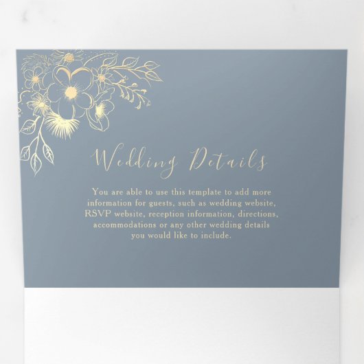 Stoffig Blauw Goud Bloemen Fotobruiloft Drieluik Uitnodiging (Binnenzijde eerst)