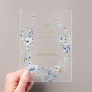 Stoffig Blauw Goud Bloemen Spring Bloom Wedding Acryl Uitnodigingen