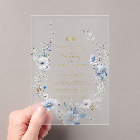 Stoffig Blauw Goud Bloemen Spring Bloom Wedding Acryl Uitnodigingen (Insitu (Draagbaar))