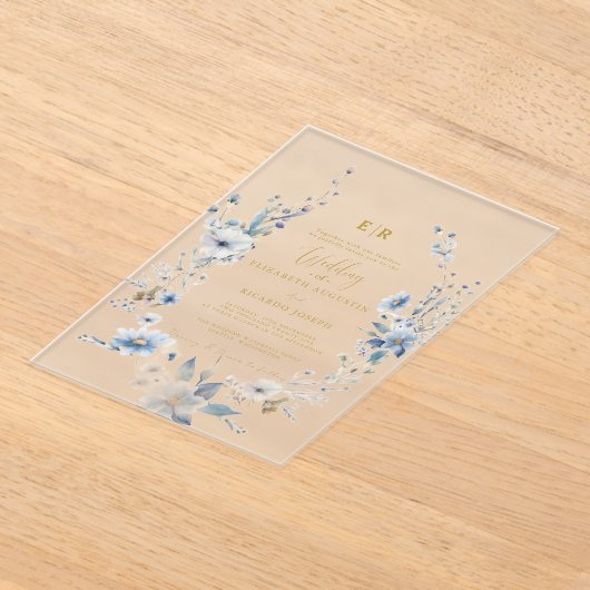 Stoffig Blauw Goud Bloemen Spring Bloom Wedding Acryl Uitnodigingen (Laagn)