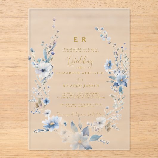 Stoffig Blauw Goud Bloemen Spring Bloom Wedding Acryl Uitnodigingen (Voorkant)