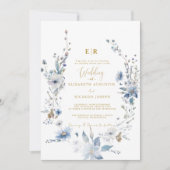 Stoffig Blauw Goud Bloemen Spring Bloom Wedding Kaart (Voorkant)