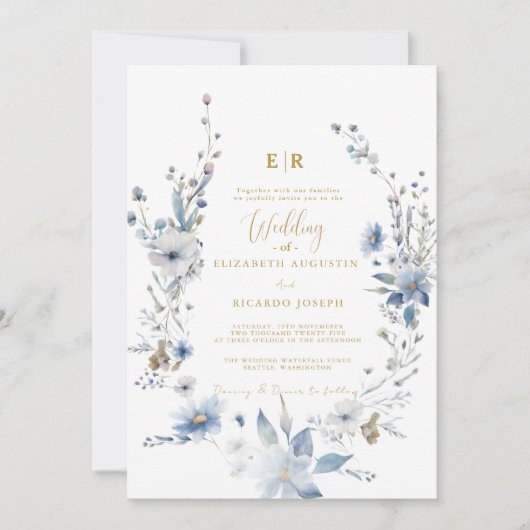 Stoffig Blauw Goud Bloemen Spring Bloom Wedding Kaart (Voorkant)