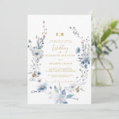 Stoffig Blauw Goud Bloemen Spring Bloom Wedding Kaart (Staand voorkant)