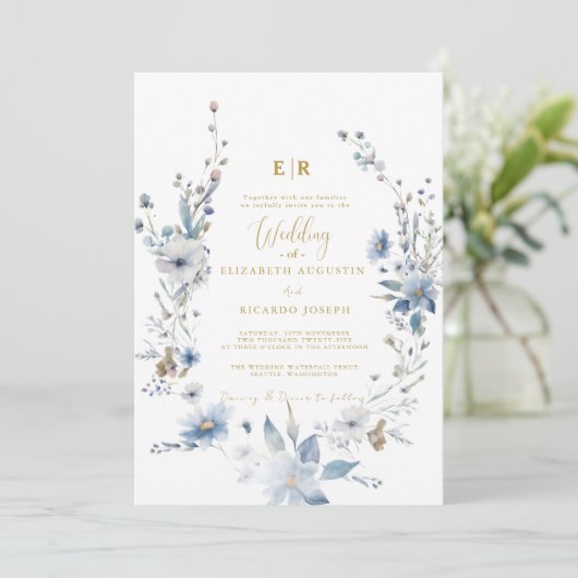 Stoffig Blauw Goud Bloemen Spring Bloom Wedding Kaart (Staand voorkant)