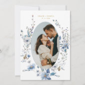 Stoffig Blauw Goud Bloemen Spring Bloom Wedding Kaart (Achterkant)