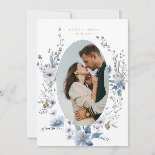 Stoffig Blauw Goud Bloemen Spring Bloom Wedding Kaart (Achterkant)