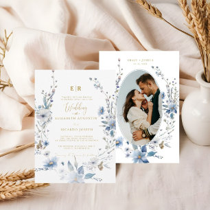 Stoffig Blauw Goud Bloemen Spring Bloom Wedding Kaart