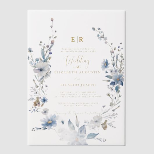 Stoffig Blauw Goud Bloemen Spring Bloom Wedding Vellum Uitnodigingen (Voorkant)