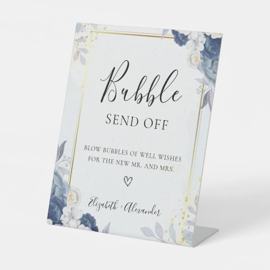 Stoffig Blauw Goud Bloemen Trouwbubbel Teken Reclamebord Met Voetstuk (Voorkant)