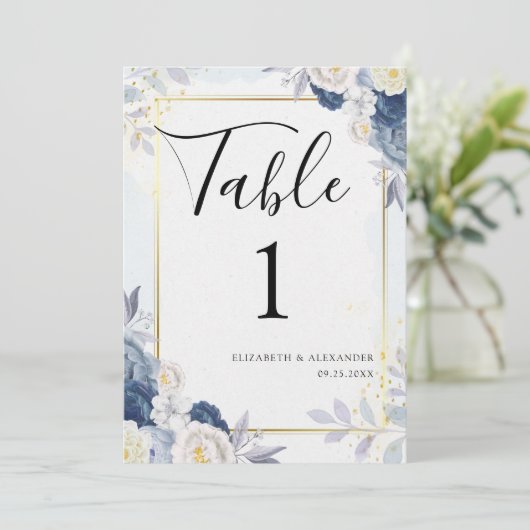 Stoffig Blauw Goud Bloemen Trouwtafel Nummers Kaar Kaart (Staand voorkant)