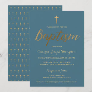 Stoffig Blauw Goud Kruis Custom Baby Boy Doop Kaart