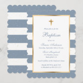 Stoffig Blauw Gouden Kruis Sterren Gestreept Doop Kaart (Voorkant / Achterkant)