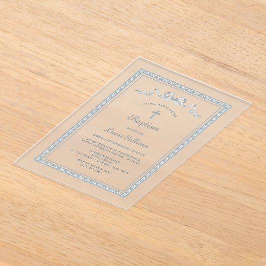 Stoffig Blauw Grieks Lijst Boog Doop Acryl Uitnodigingen (Laagn)