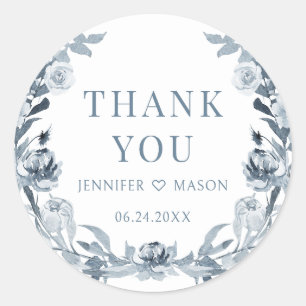 Stoffig blauw grijs bloemenboho bruiloft dank u ronde sticker