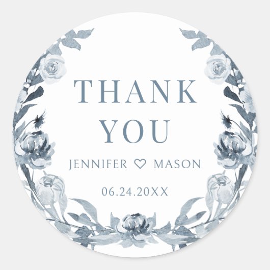 Stoffig blauw grijs bloemenboho bruiloft dank u ronde sticker (Voorkant)