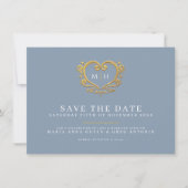 Stoffig blauw grijs goud hart foto bruiloft save the date (Voorkant)