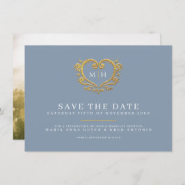 Stoffig blauw grijs goud hart foto bruiloft save the date