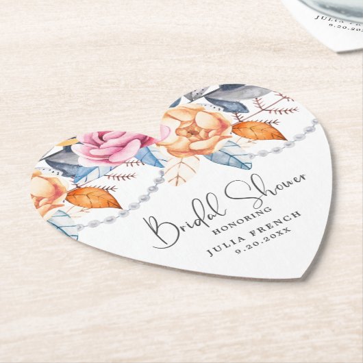 Stoffig blauw grijs oranje bloem bruiloft hart kartonnen onderzetters (Gekanteld)