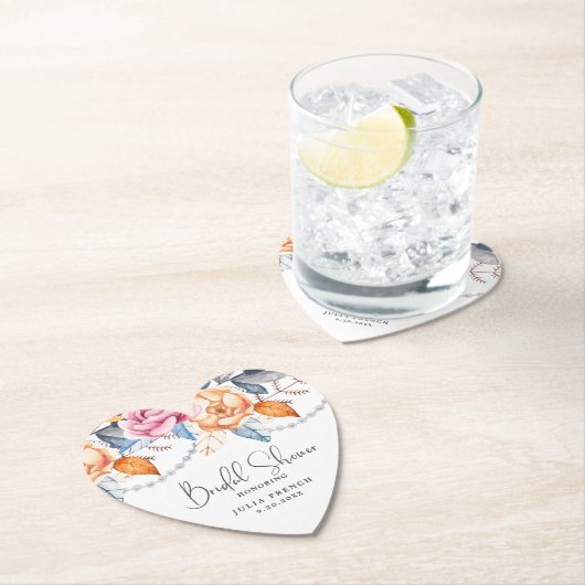 Stoffig blauw grijs oranje bloem bruiloft hart kartonnen onderzetters (Insitu)