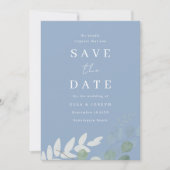 Stoffig Blauw Groen Blad Elegantie Bruiloft Save The Date (Voorkant)