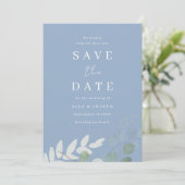 Stoffig Blauw Groen Blad Elegantie Bruiloft Save The Date (Staand voorkant)