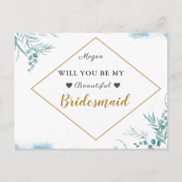 Stoffig blauw groen bladeren bruiloft bruidsmeisje uitnodiging briefkaart