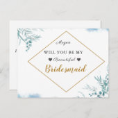 Stoffig blauw groen bladeren bruiloft bruidsmeisje uitnodiging briefkaart (Voorkant / Achterkant)