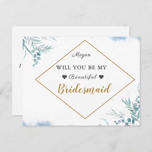 Stoffig blauw groen bladeren bruiloft bruidsmeisje uitnodiging briefkaart (Voorkant / Achterkant)