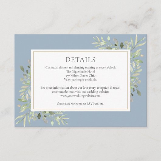 Stoffig Blauw groen Bloemen bruiloft Details Informatiekaartje (Voorkant)