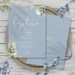 Stoffig Blauw Groen Bloemen Monogram Doop Kaart<br><div class="desc">Deze elegante botanische groenery verlaat baptisme uitnodiging kan gepersonaliseerd worden met je informatie in de chemische typografie met je monogram initialen op de achterkant. Ontworpen door: Thisnotme©</div>