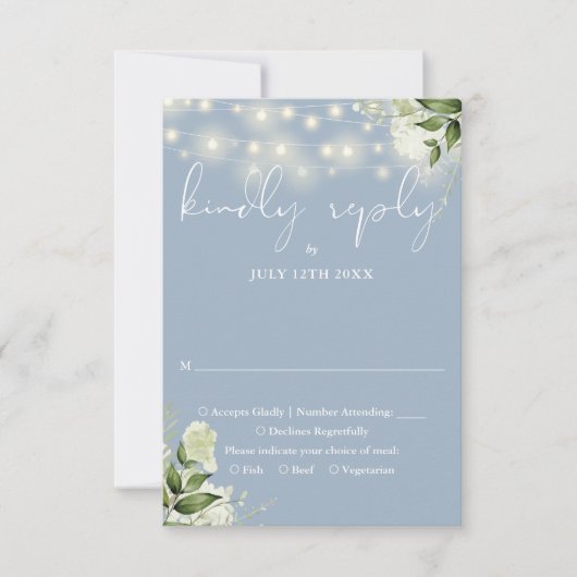 Stoffig Blauw groen Bloemen String Lights Bruiloft RSVP Kaartje (Voorkant)