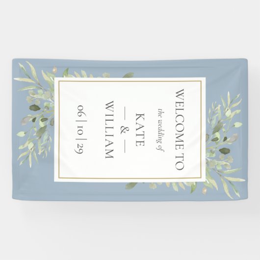 Stoffig Blauw Groen Botanische Bruiloft Welkomstbo Spandoek (Horizontaal)