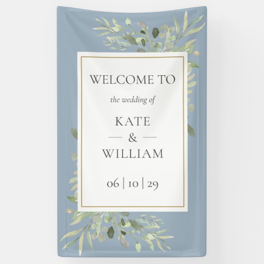 Stoffig Blauw Groen Botanische Bruiloft Welkomstbo Spandoek (Verticaal)