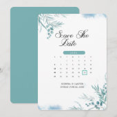 Stoffig blauw groen Eucalyptus Save The Date (Voorkant / Achterkant)