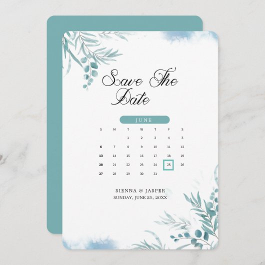 Stoffig blauw groen Eucalyptus Save The Date (Voorkant / Achterkant)