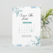 Stoffig blauw groen Eucalyptus Save The Date (Staand voorkant)