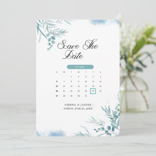 Stoffig blauw groen Eucalyptus Save The Date (Staand voorkant)